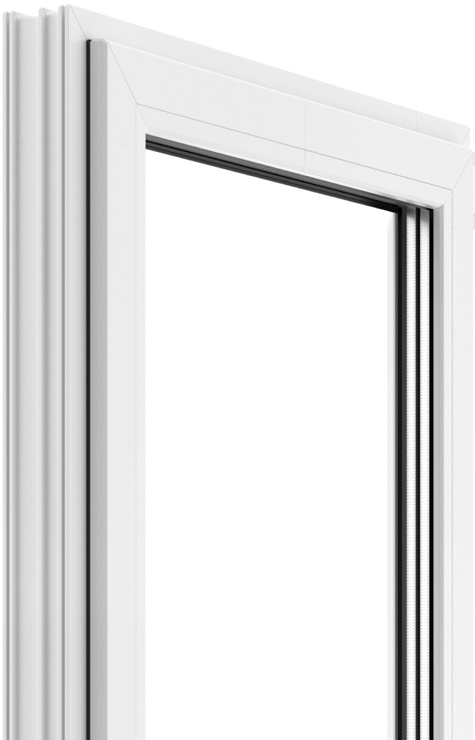Close-up of a white window frame profile with gasket, empty glazing area.