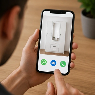 Person holds a smartphone showing a photo of a white wardrobe; bottom row has WhatsApp, Email, and Phone icons; finger about to tap.