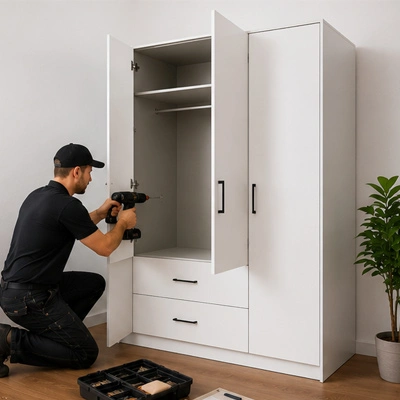 A man in a black cap drills a white wardrobe that’s being assembled, with shelves and drawers visible.