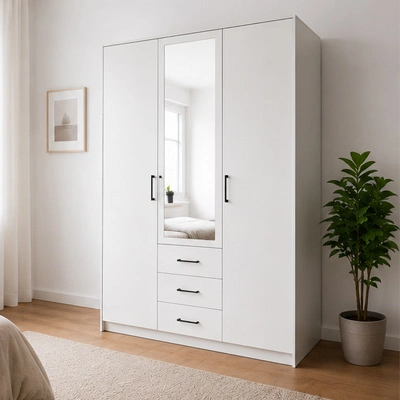 White wardrobe with mirrored central door, three drawers, and slim handles in a bright bedroom corner.