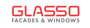 Glasso brand logo: red stylized text 'GLASSO' with gray caption 'FACADES & WINDOWS' on a black background.
