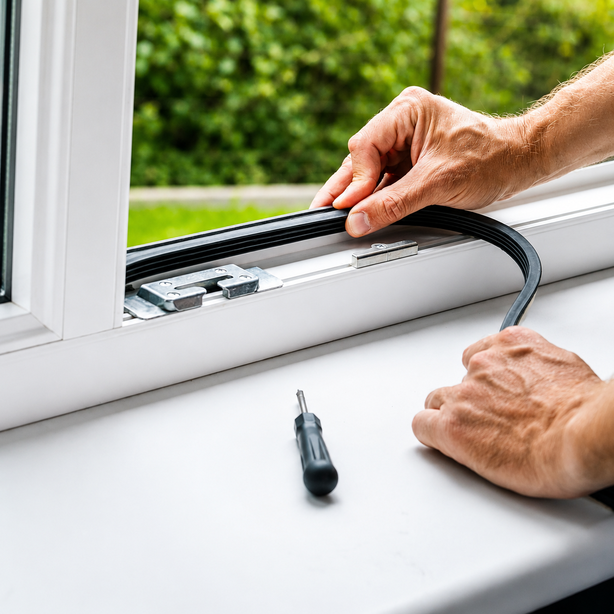 Hands installing a black rubber weather seal into a white window frame during repair, with a screwdriver resting on the windowsill nearby.